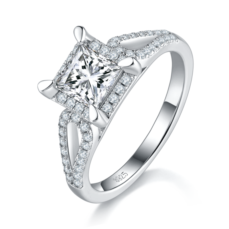 轻奢公主方女戒S925银镀白金定制选款主石莫桑钻0.8ct/副石高碳钻