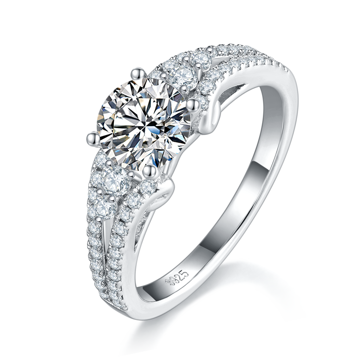 Light Luxury Full Diamond Four Claw Women's Ring S925 Silver Plated Platinum Customized Selection Main Stone Moissanite Diamond 1.0ct/Secondary Stone High Carbon Diamond