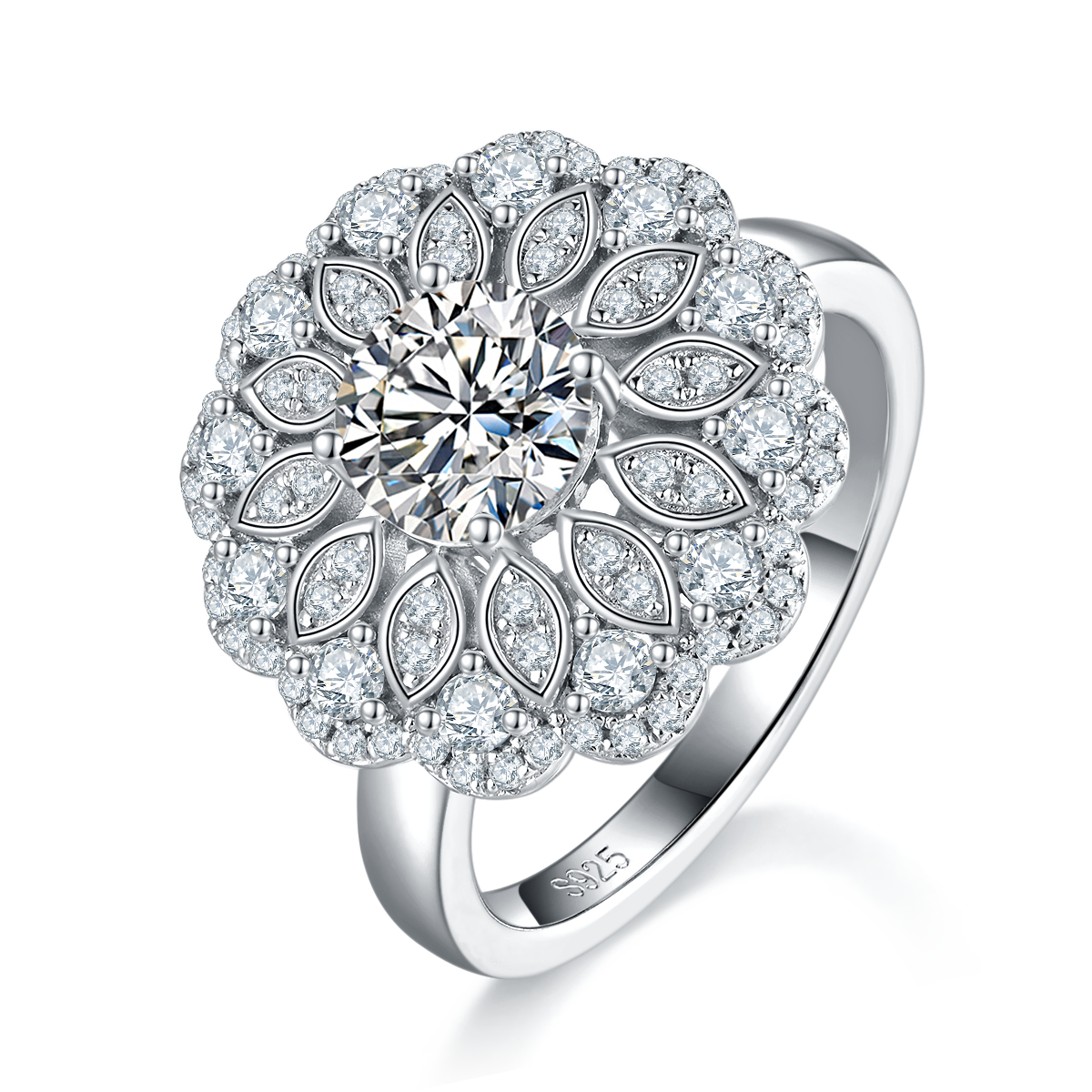 豪华满钻女戒S925银镀白金定制选款主石莫桑钻1.0ct/副石高碳钻