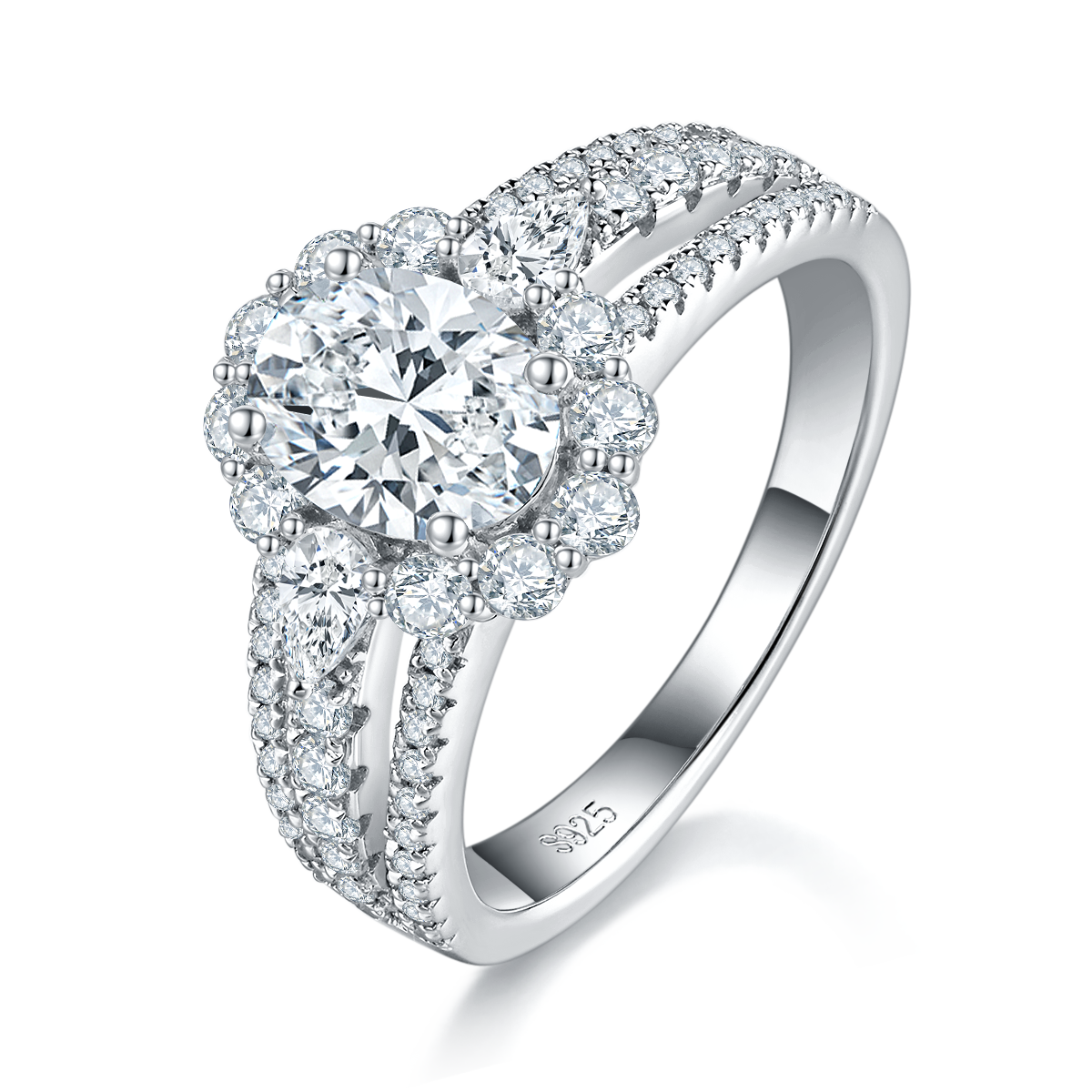 豪华满钻蛋形女戒S925银镀白金定制选款主石莫桑钻1.5ct/副石高碳钻
