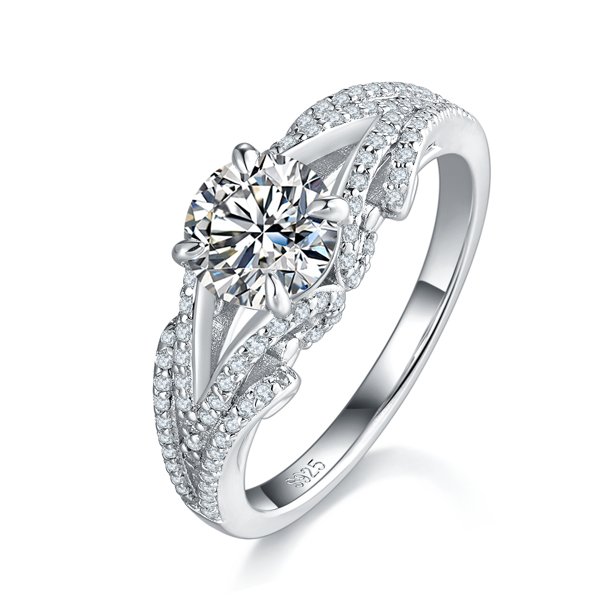 Light Luxury Four Claw Women's Ring S925 Silver Plated Platinum Customized Selection Main Stone Moissanite Diamond 1.0ct/Secondary Stone High Carbon Diamond