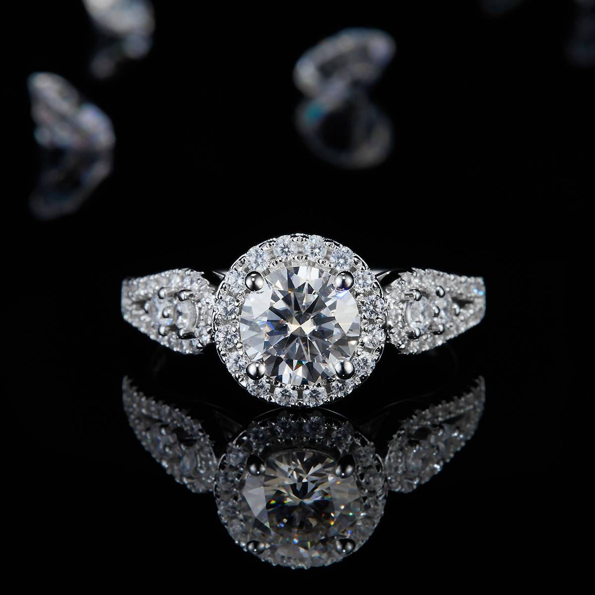 Light Luxury Round Bag Women's Ring S925 Silver Plated Platinum Customized Selection Main Stone Moissanite Diamond 1.0ct/Secondary Stone High Carbon Diamond