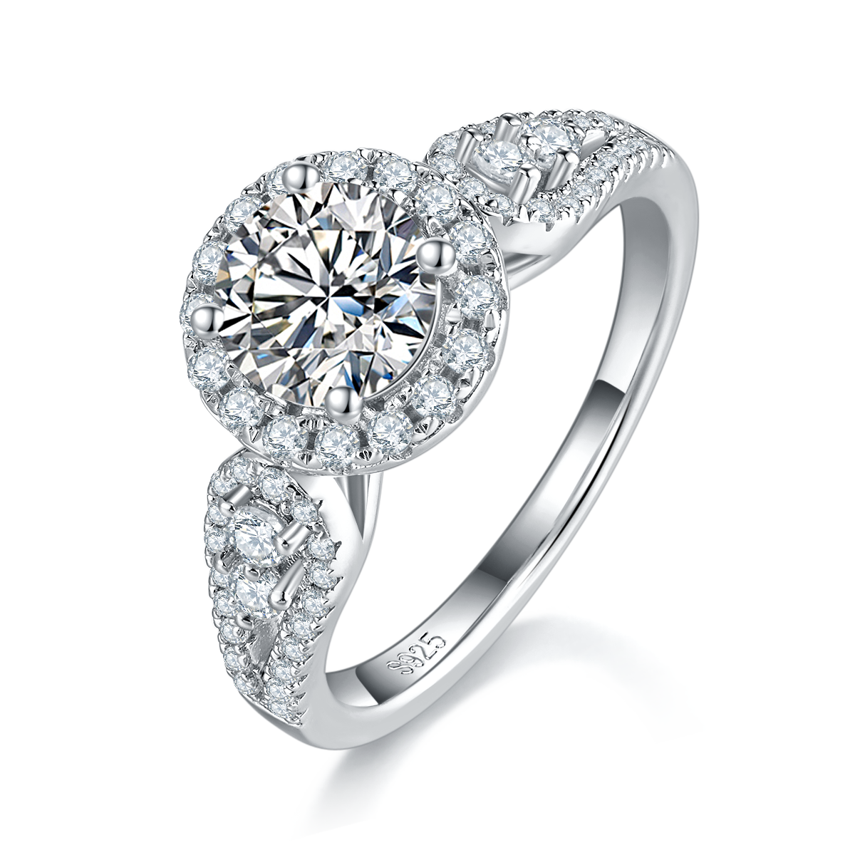 Light Luxury Round Bag Women's Ring S925 Silver Plated Platinum Customized Selection Main Stone Moissanite Diamond 1.0ct/Secondary Stone High Carbon Diamond
