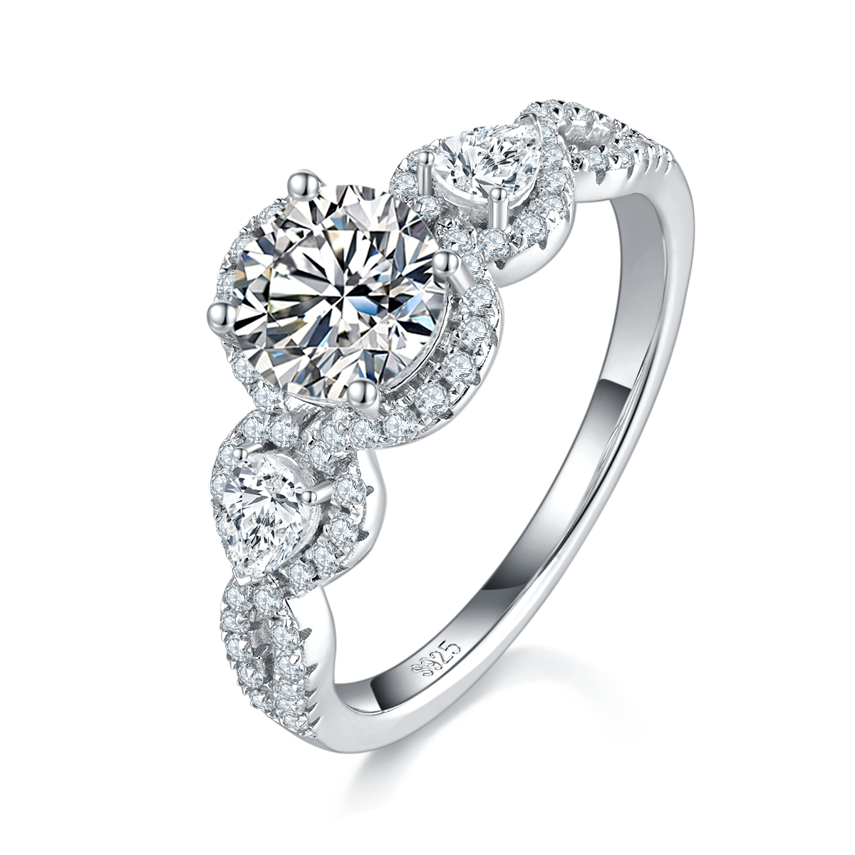 Three Stone Women's Ring S925 Silver Plated Platinum Customized Selection Main Stone Moissanite Diamond 1.0ct/Secondary Stone High Carbon Diamond