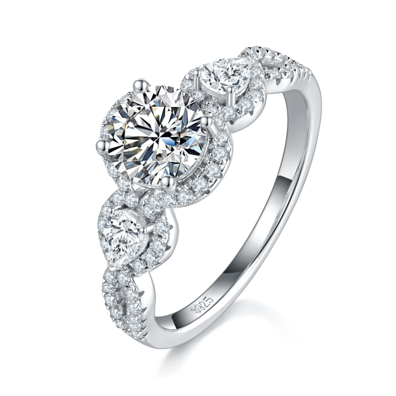 三石款Women's RingS925银镀白金定制选款主石Moissanite1.0ct/副石高碳钻