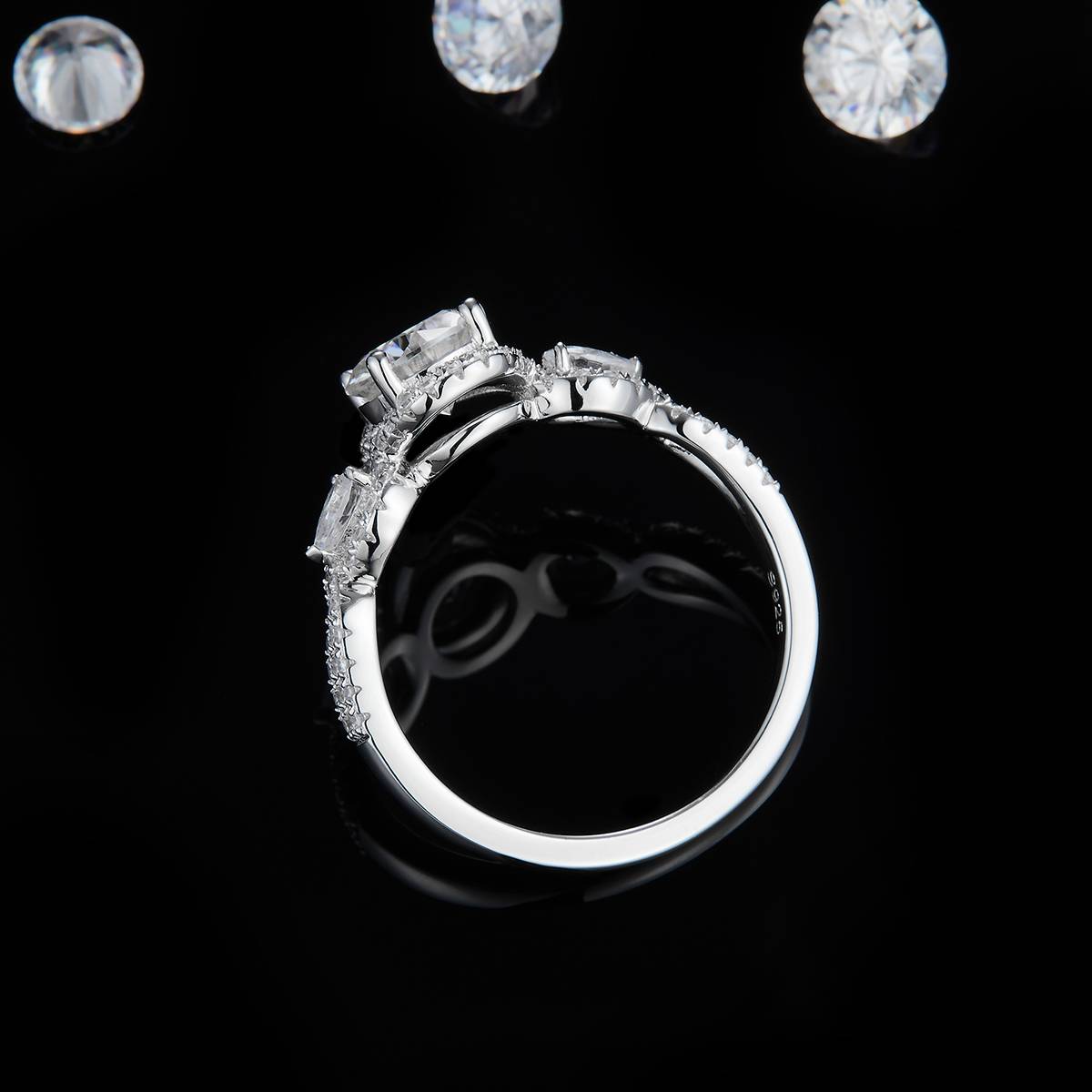 Three Stone Women's Ring S925 Silver Plated Platinum Customized Selection Main Stone Moissanite Diamond 1.0ct/Secondary Stone High Carbon Diamond