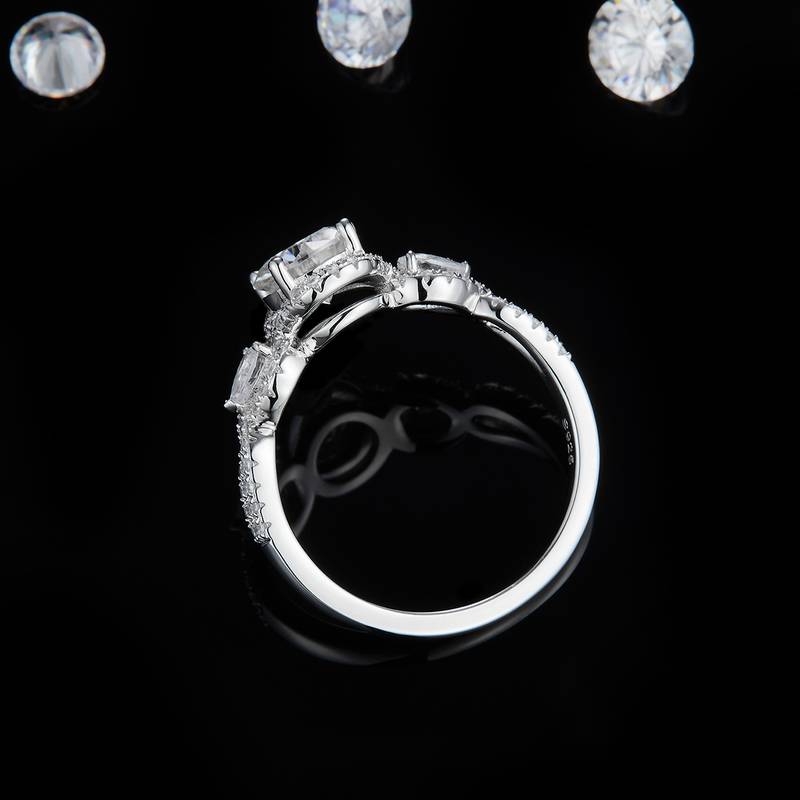 三石款Women's RingS925银镀白金定制选款主石Moissanite1.0ct/副石高碳钻