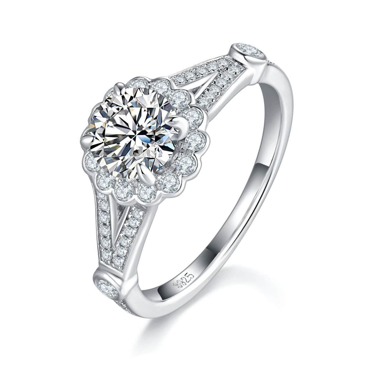 Light Luxury Round Bag Women's Ring S925 Silver Plated Platinum Customized Selection Main Stone Moissanite Diamond 1.0ct/Secondary Stone High Carbon Diamond