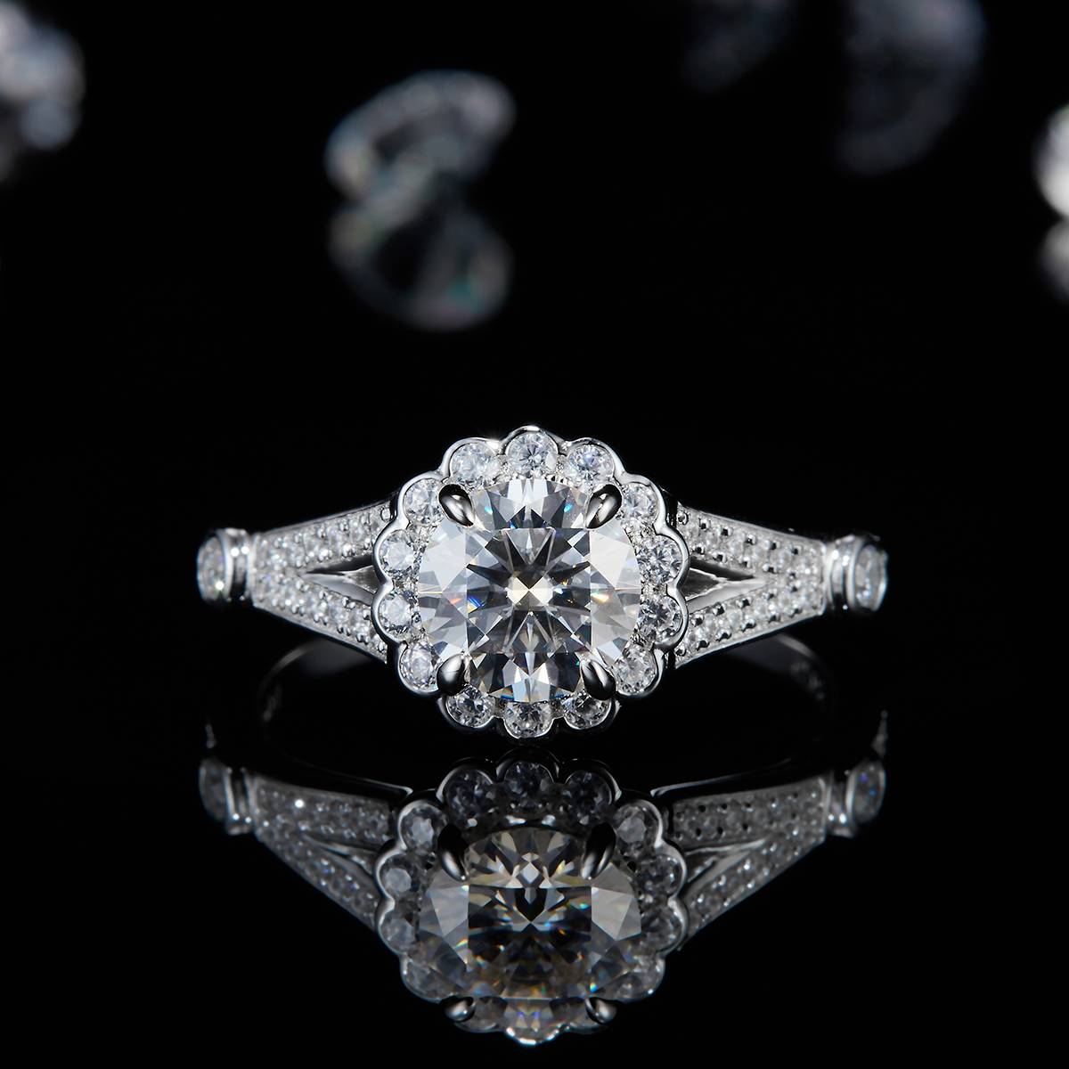 Light Luxury Round Bag Women's Ring S925 Silver Plated Platinum Customized Selection Main Stone Moissanite Diamond 1.0ct/Secondary Stone High Carbon Diamond