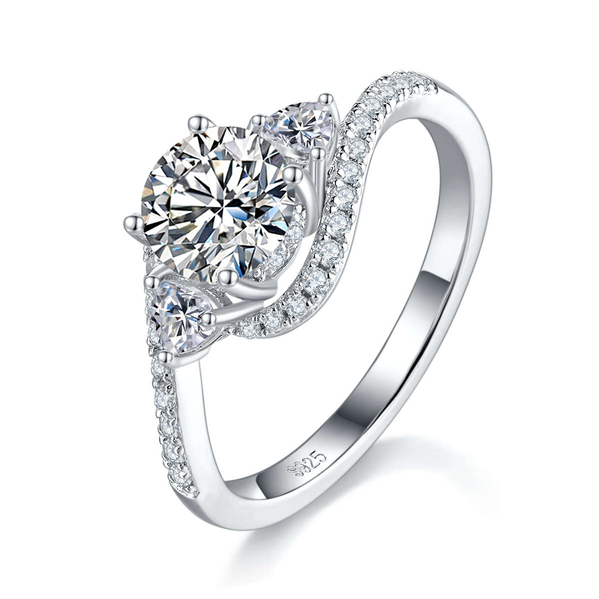 扭臂女戒S925银镀白金定制选款主石莫桑钻1.0ct/副石高碳钻