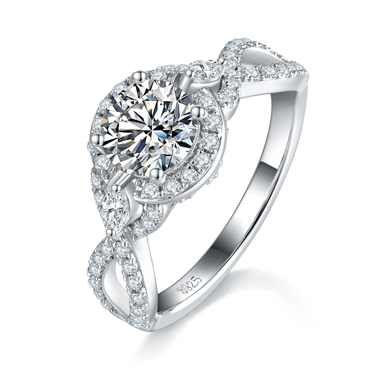 扭臂圆包女戒S925银镀白金定制选款主石莫桑钻1.0ct/副石高碳钻