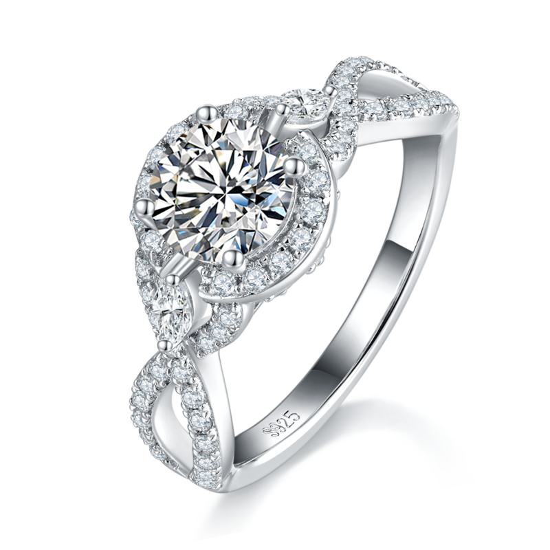扭臂圆包Women's RingS925银镀白金定制选款主石Moissanite1.0ct/副石高碳钻