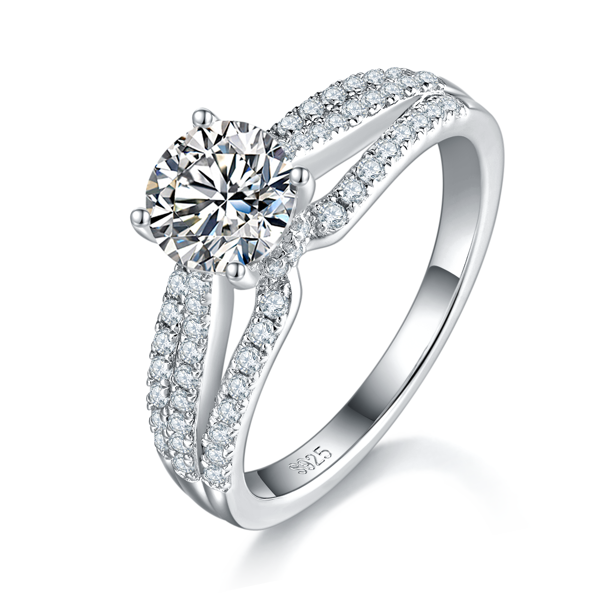 Light Luxury Four Claw Women's Ring S925 Silver Plated Platinum Customized Selection Main Stone Moissanite Diamond 1.0ct/Secondary Stone High Carbon Diamond