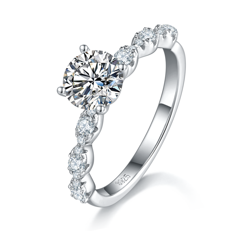 单头Women's RingS925银镀白金定制选款主石Moissanite1.0ct/副石高碳钻