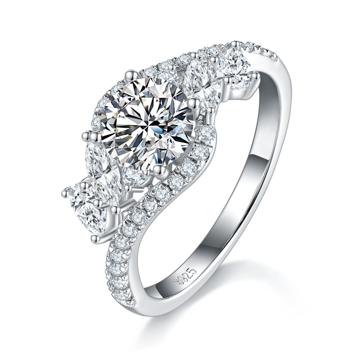 Light Luxury Twisted Arm Women's Ring S925 Silver Plated Platinum Customized Selection Main Stone Moissanite Diamond 1.0ct/Secondary Stone High Carbon Diamond
