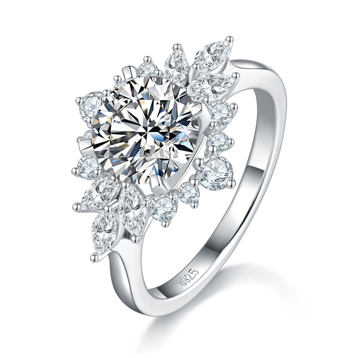 Light Luxury Women's Ring S925 Silver Plated Platinum Customized Selection Main Stone Moissanite Diamond 2.0ct/Secondary Stone High Carbon Diamond