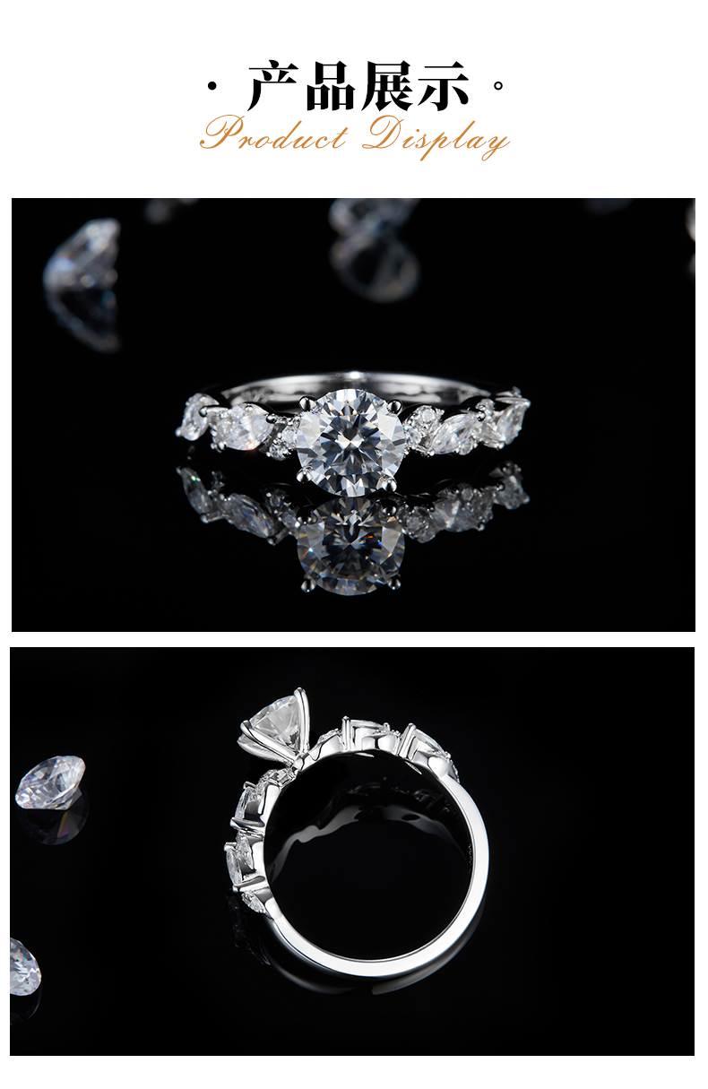 单头女戒S925银镀白金定制选款主石莫桑钻1.0ct/副石高碳钻 - 3