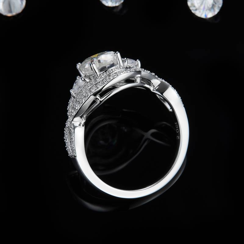 豪镶蛋形女戒S925银镀白金定制选款主石莫桑钻2.0ct/副石高碳钻