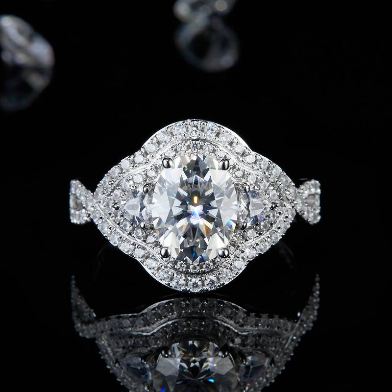 豪镶蛋形女戒S925银镀白金定制选款主石莫桑钻2.0ct/副石高碳钻