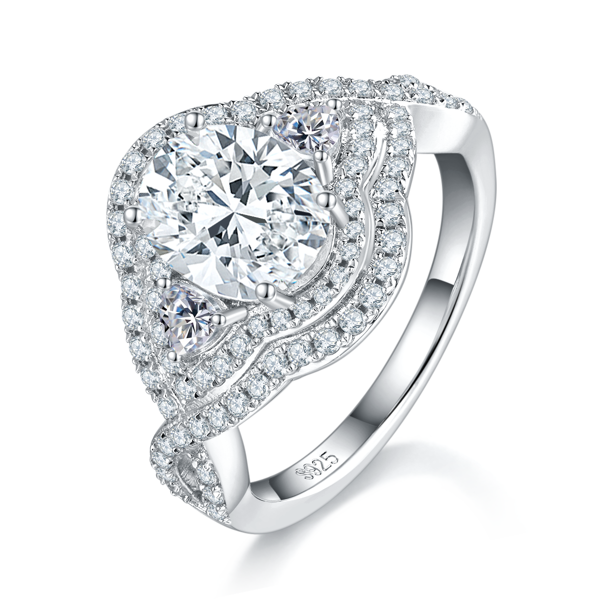 Exquisite egg shaped women's ring S925 silver plated platinum custom selection main stone moissanite diamond 2.0ct/secondary stone high carbon diamond