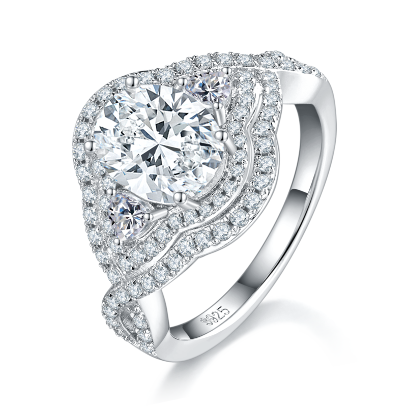 豪镶蛋形女戒S925银镀白金定制选款主石莫桑钻2.0ct/副石高碳钻