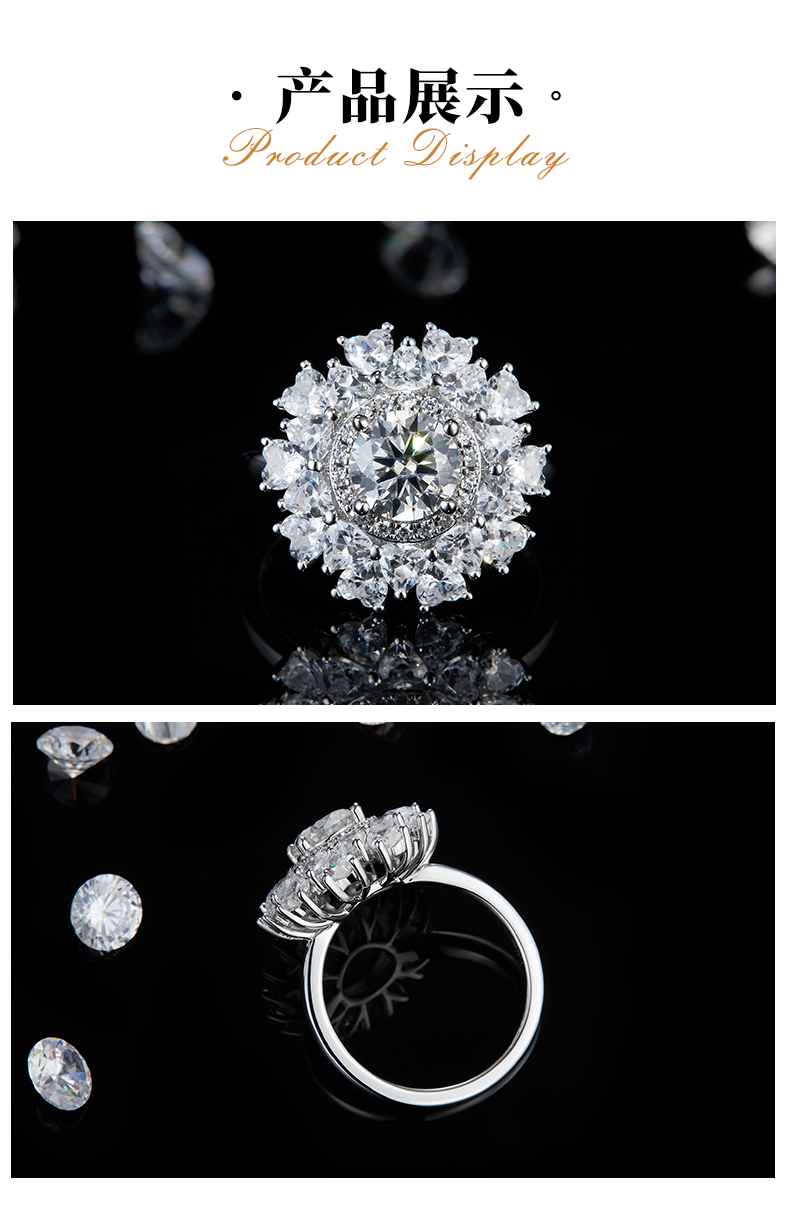 豪华满钻女戒S925银镀白金定制选款主石莫桑钻1.0ct/副石高碳钻 - 3