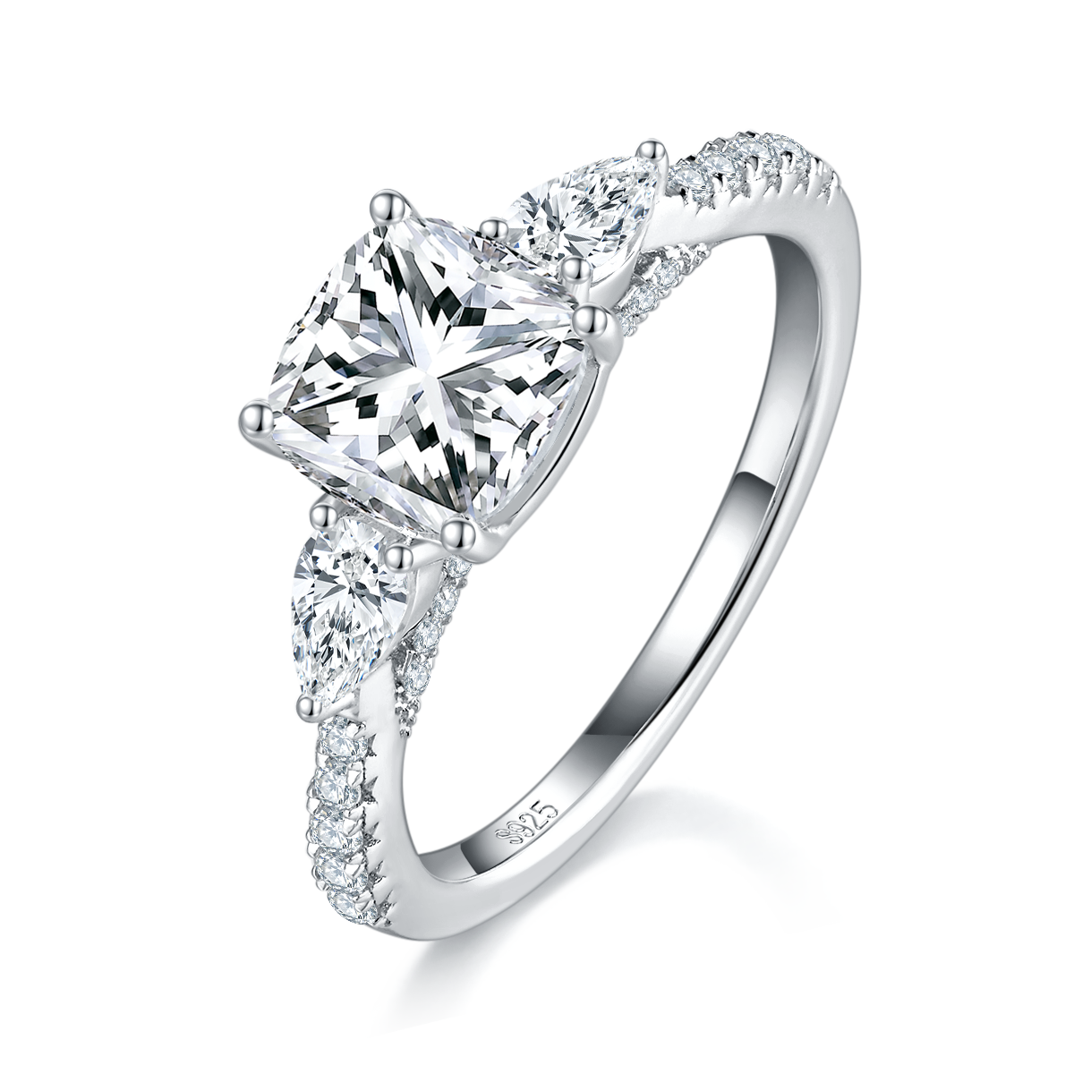 时尚公主方女戒S925银镀白金定制选款主石莫桑钻2.0ct/副石高碳钻