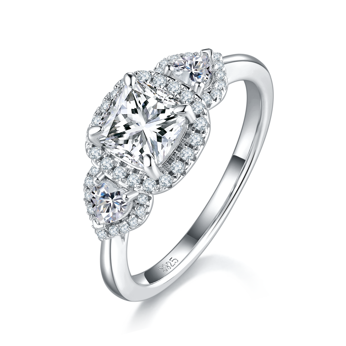 Three Stone Women's Ring S925 Silver Plated Platinum Customized Selection Main Stone Moissanite Diamond 1.0ct/Secondary Stone High Carbon Diamond