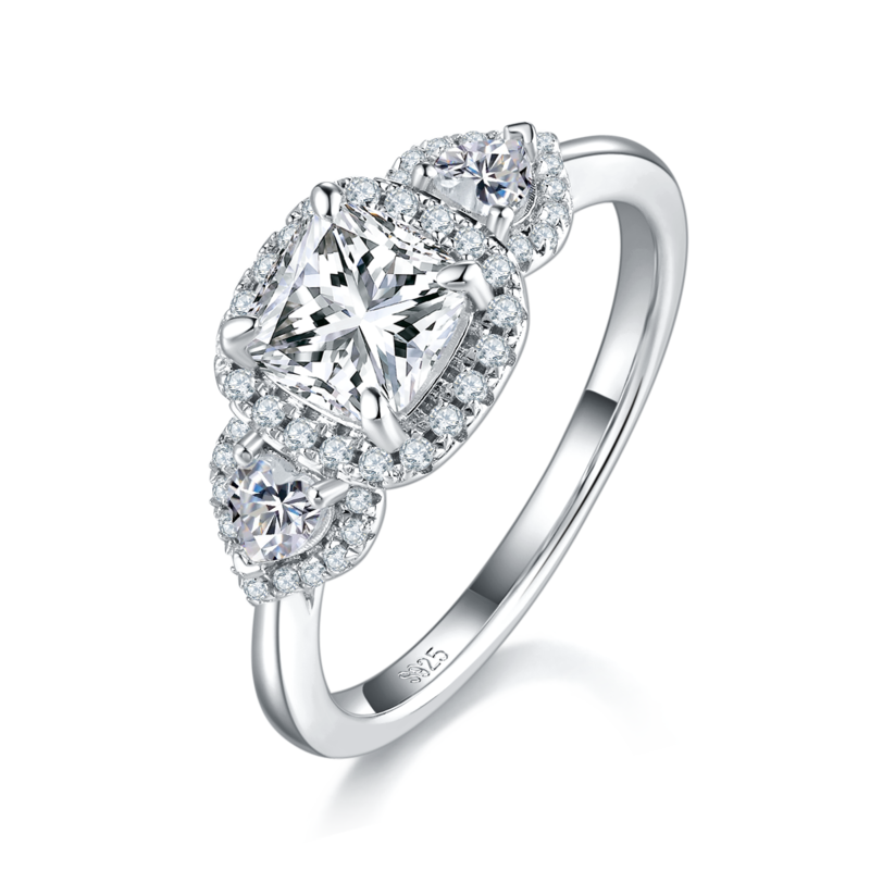 三石款女戒S925银镀白金定制选款主石莫桑钻1.0ct/副石高碳钻