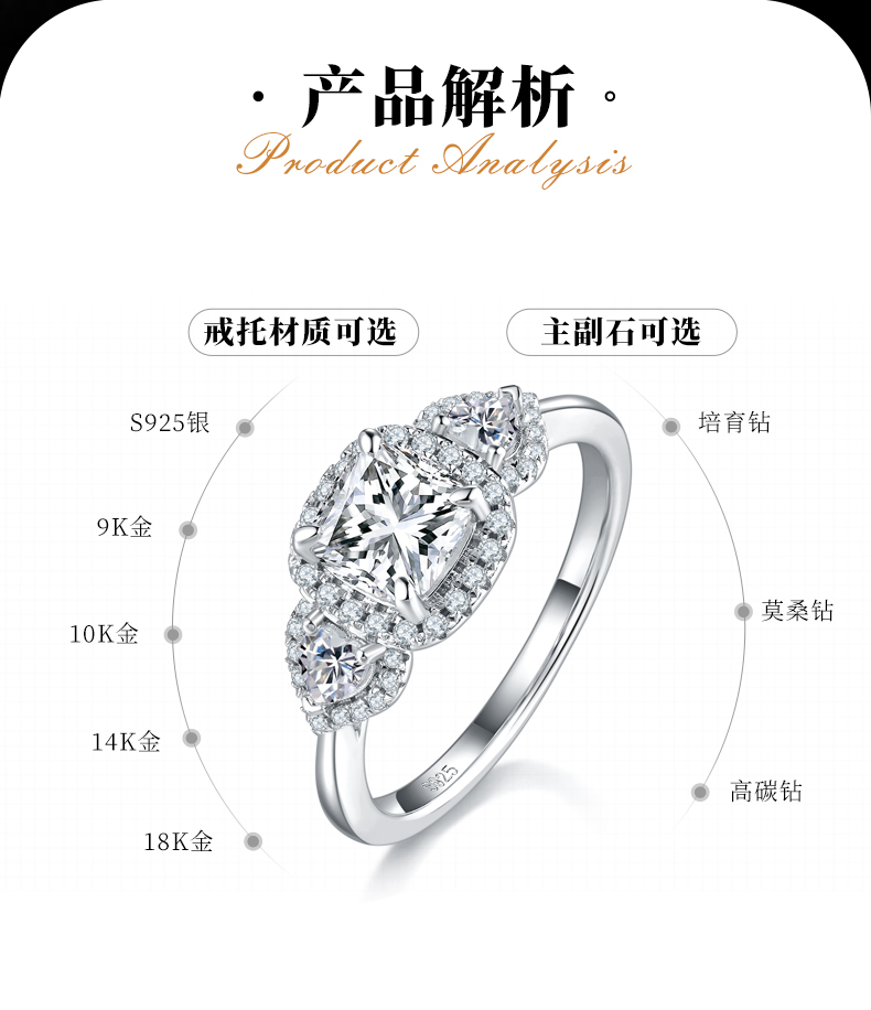 三石款女戒S925银镀白金定制选款主石莫桑钻1.0ct/副石高碳钻 - 2