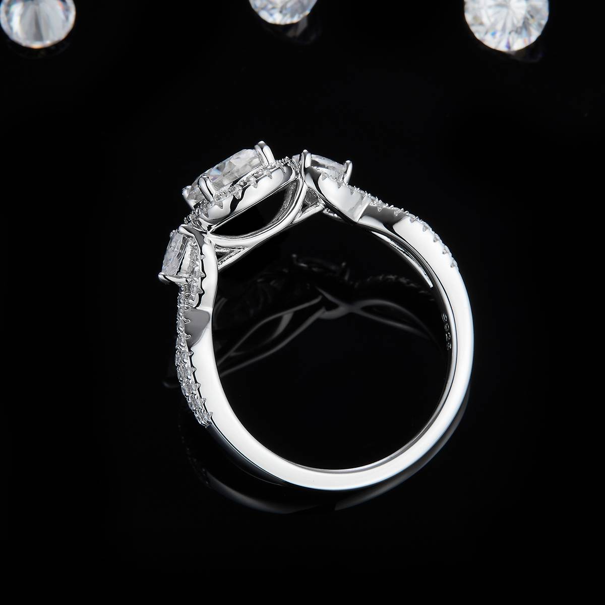 Three Stone Women's Ring S925 Silver Plated Platinum Customized Selection Main Stone Moissanite Diamond 1.0ct/Secondary Stone High Carbon Diamond