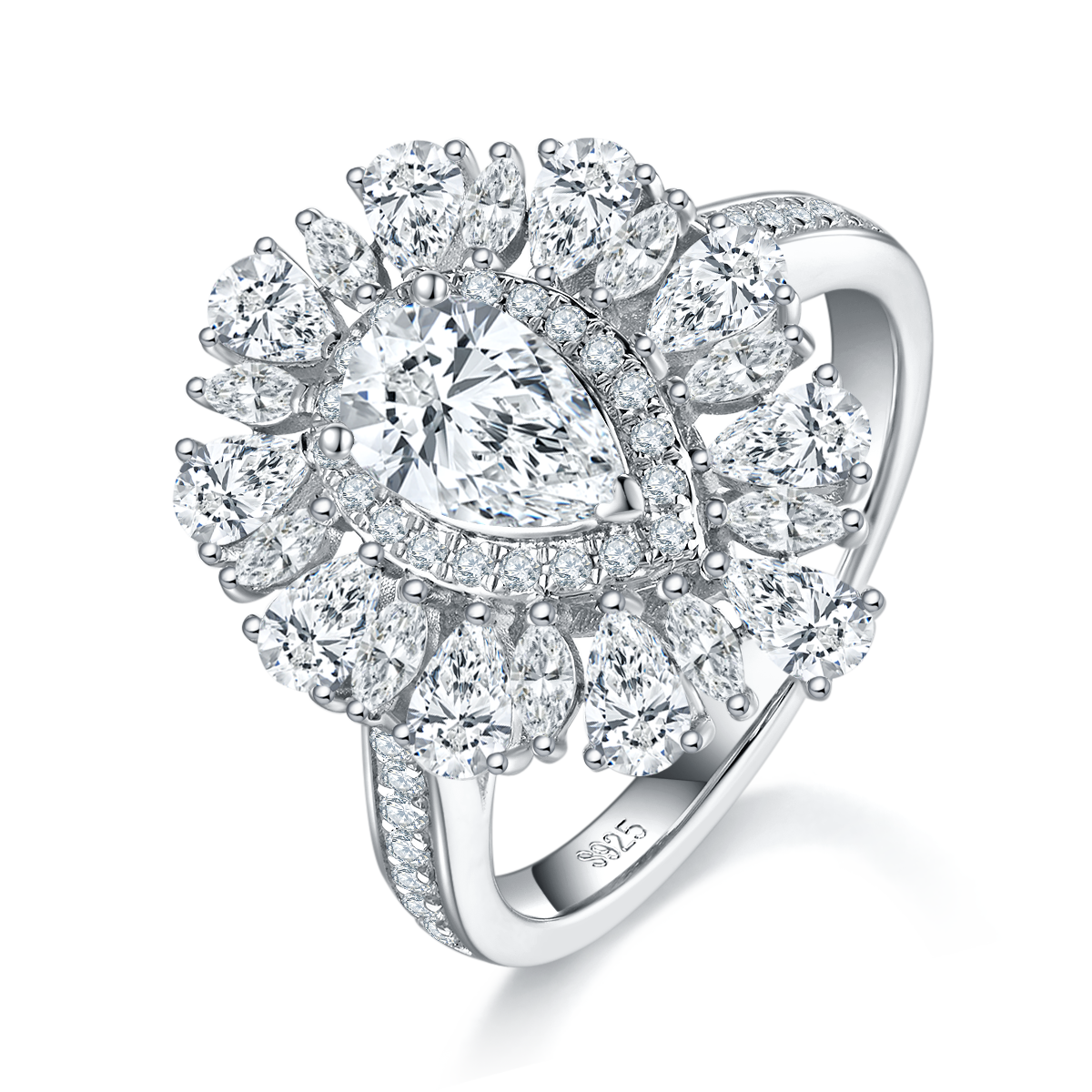 奢华风梨形女戒S925银镀白金定制选款主石莫桑钻1.0ct/副石高碳钻