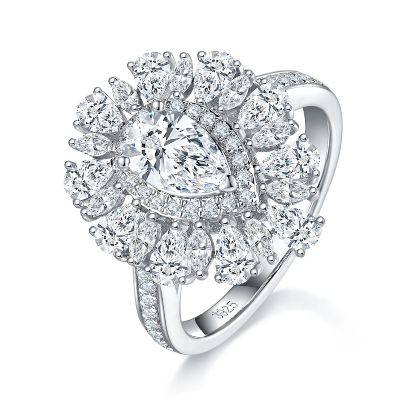 奢华风梨形女戒S925银镀白金定制选款主石莫桑钻1.0ct/副石高碳钻