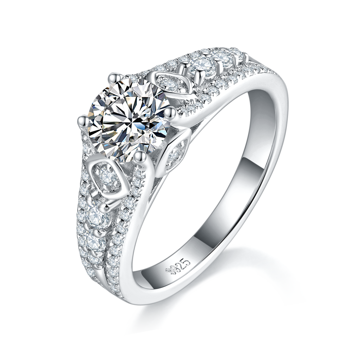 Exquisite diamond studded women's ring S925 silver plated platinum custom selection main stone moissanite 1.0ct/secondary stone high carbon diamond