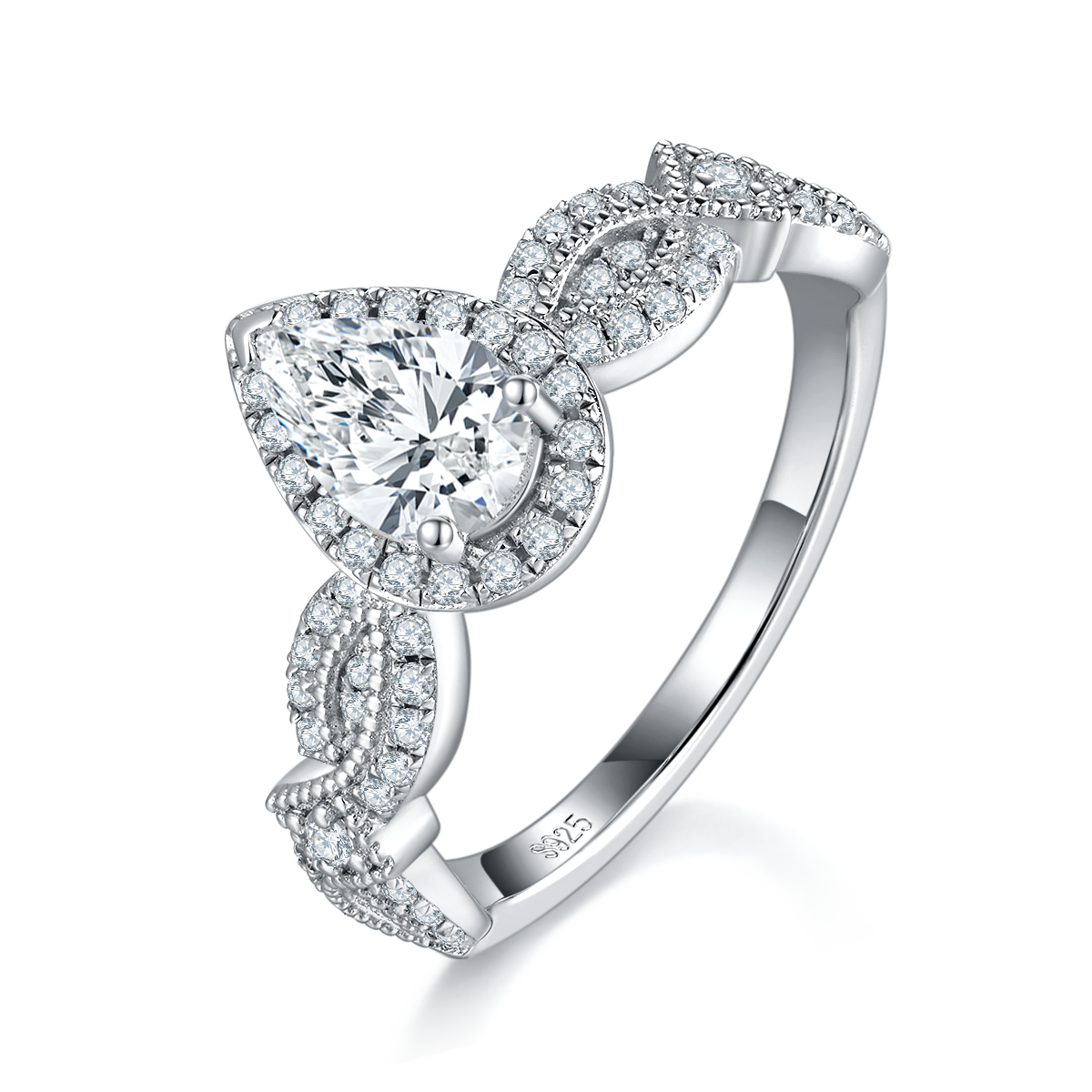 轻奢梨形S925银镀白金定制选款莫桑钻1.0ct/副石高碳钻