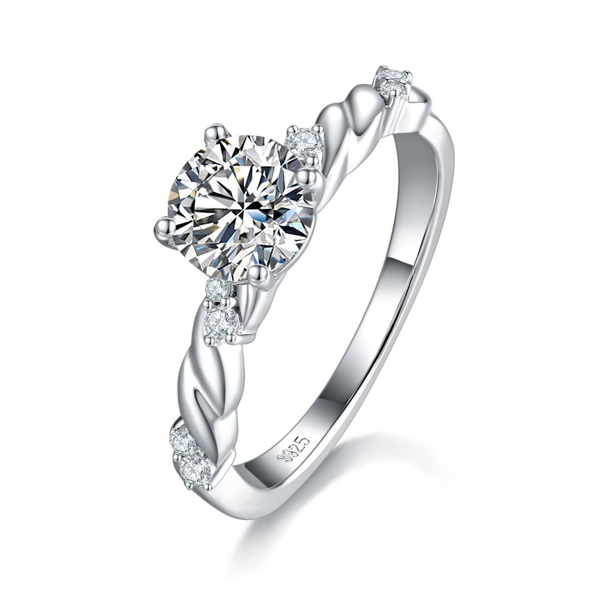 单头女戒S925银镀白金定制选款主石莫桑钻1.0ct/副石高碳钻