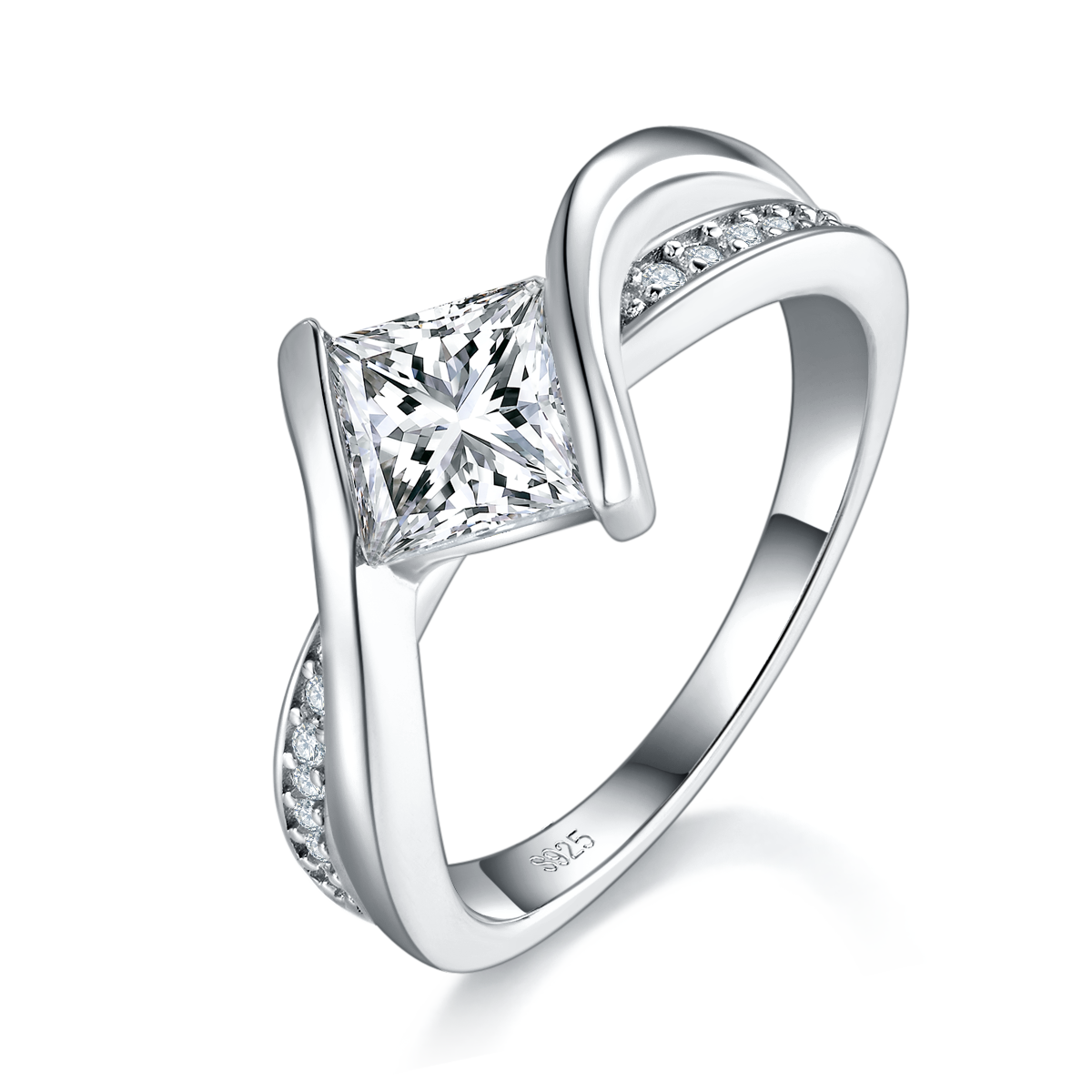 扭臂公主方女戒S925银镀白金定制选款主石莫桑钻1.2ct/副石高碳钻