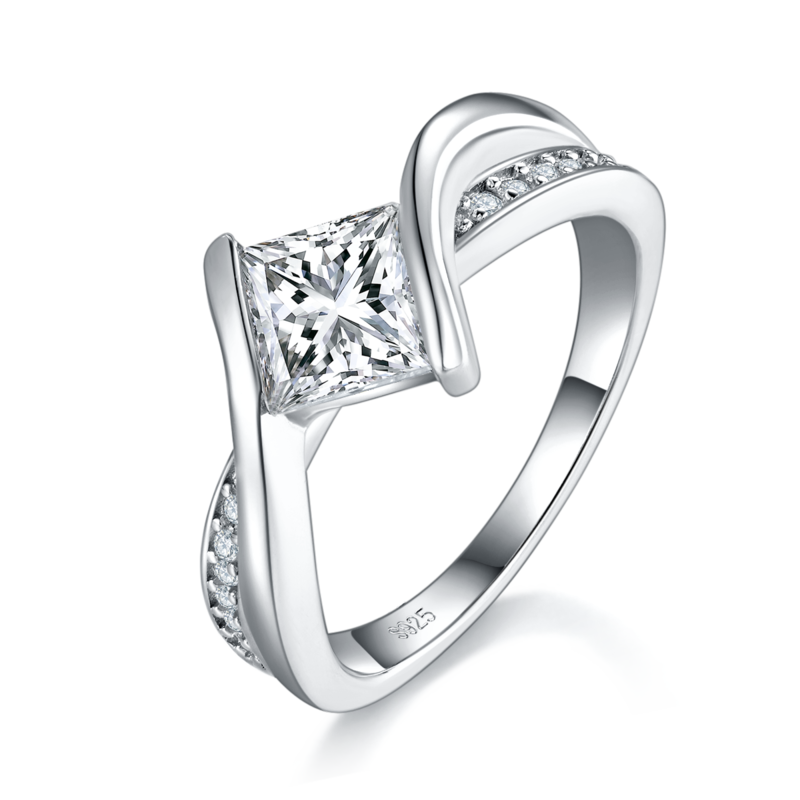扭臂公主方女戒S925银镀白金定制选款主石莫桑钻1.2ct/副石高碳钻