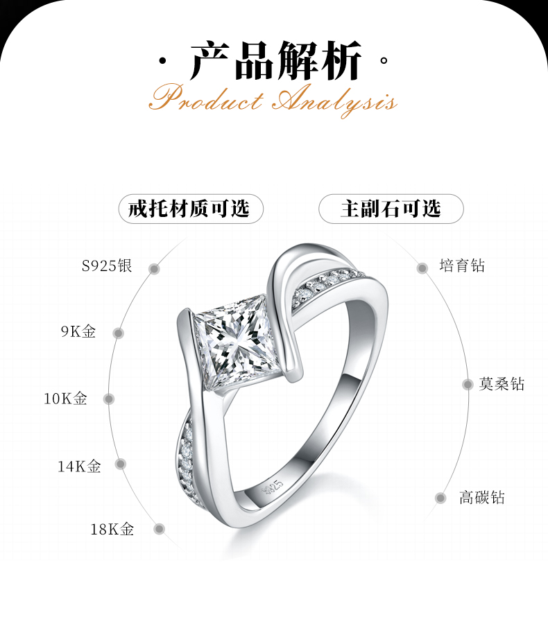 扭臂公主方女戒S925银镀白金定制选款主石莫桑钻1.2ct/副石高碳钻 - 2