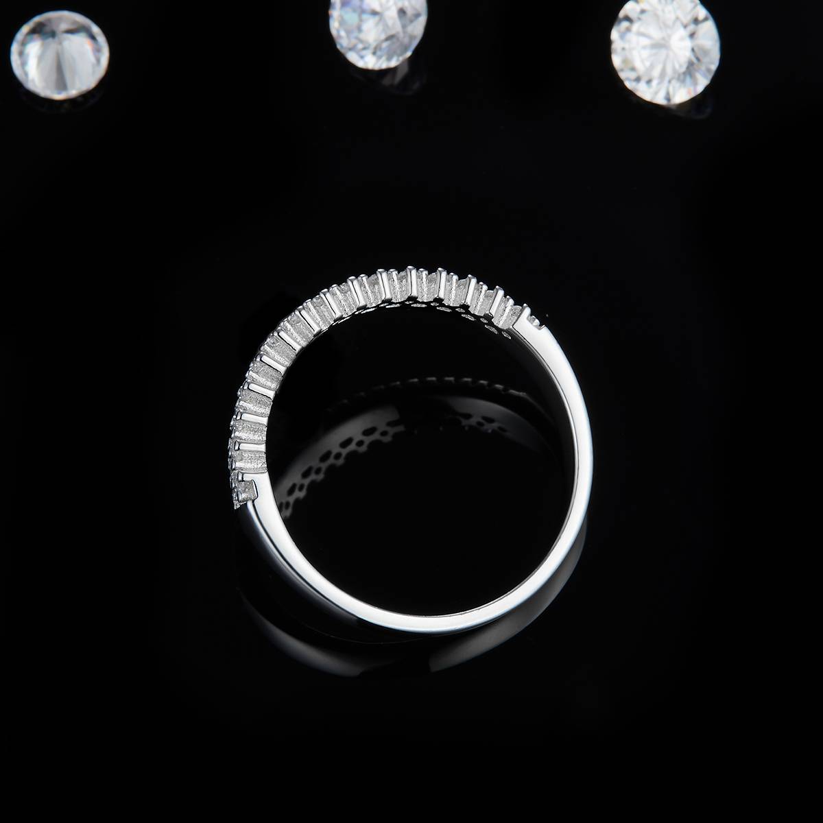 排戒S925银镀白金女戒定制选款副石莫桑钻0.4ct