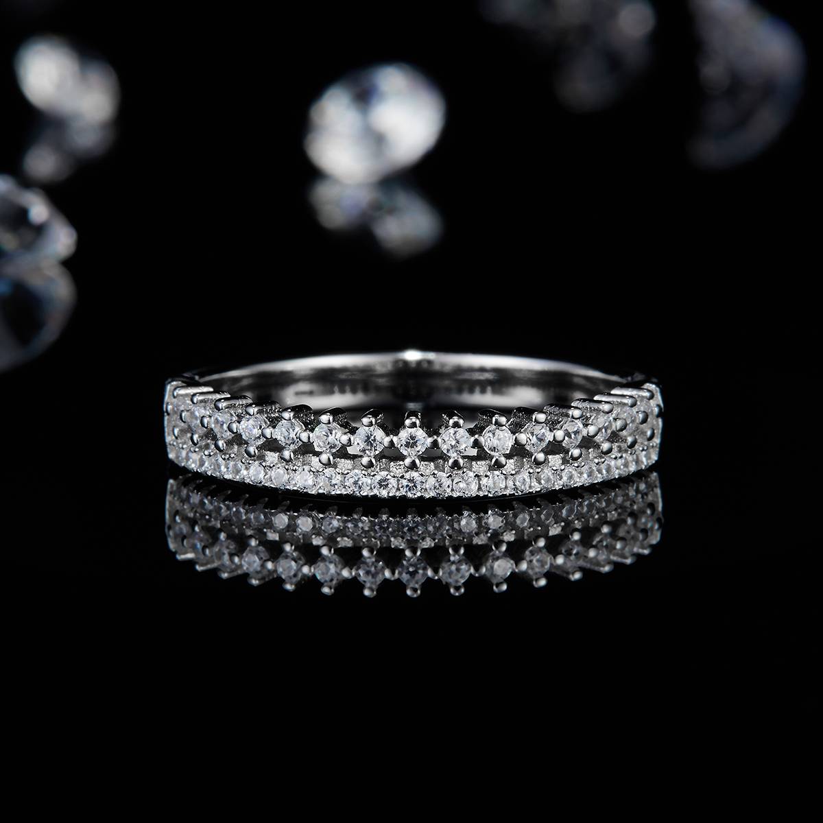 排戒S925银镀白金女戒定制选款副石莫桑钻0.4ct