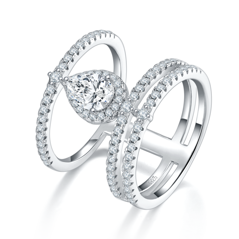 梨形女戒S925银镀白金定制选款主石莫桑钻0.8ct/副石高碳钻