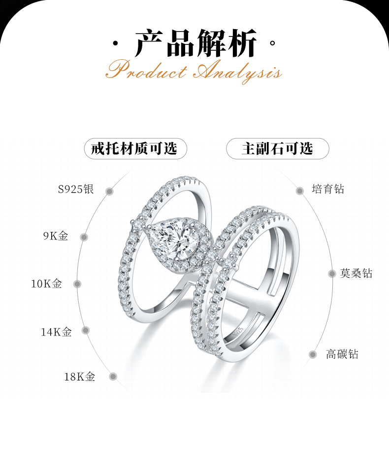 梨形女戒S925银镀白金定制选款主石莫桑钻0.8ct/副石高碳钻 - 2