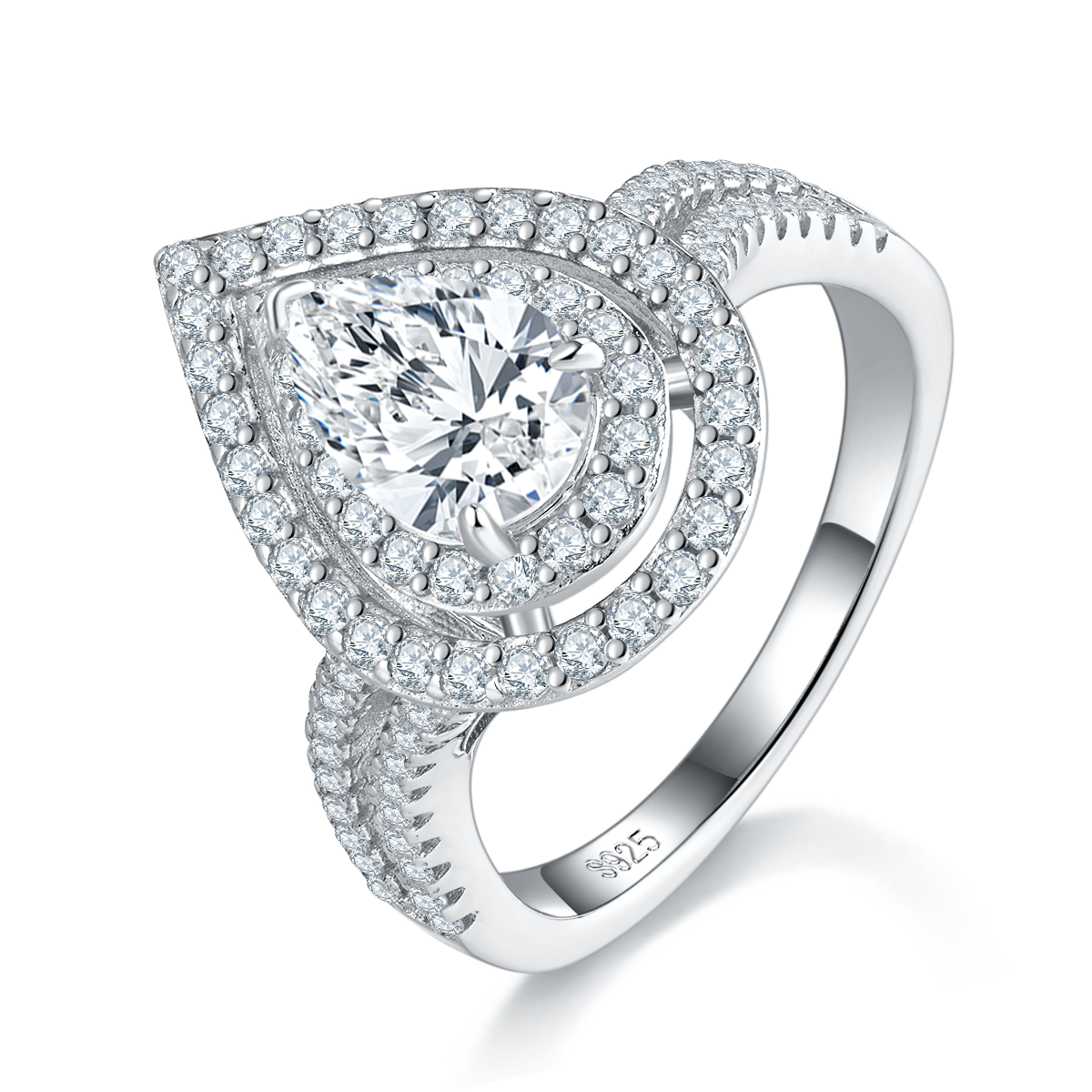 Light Luxury Pear shaped Women's Ring S925 Silver Plated Platinum Customized Selection Main Stone Moissanite Diamond 1.5ct/Secondary Stone High Carbon Diamond