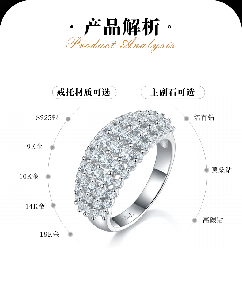 排戒S925银镀白金女戒定制选款副石莫桑钻1.5ct - 2