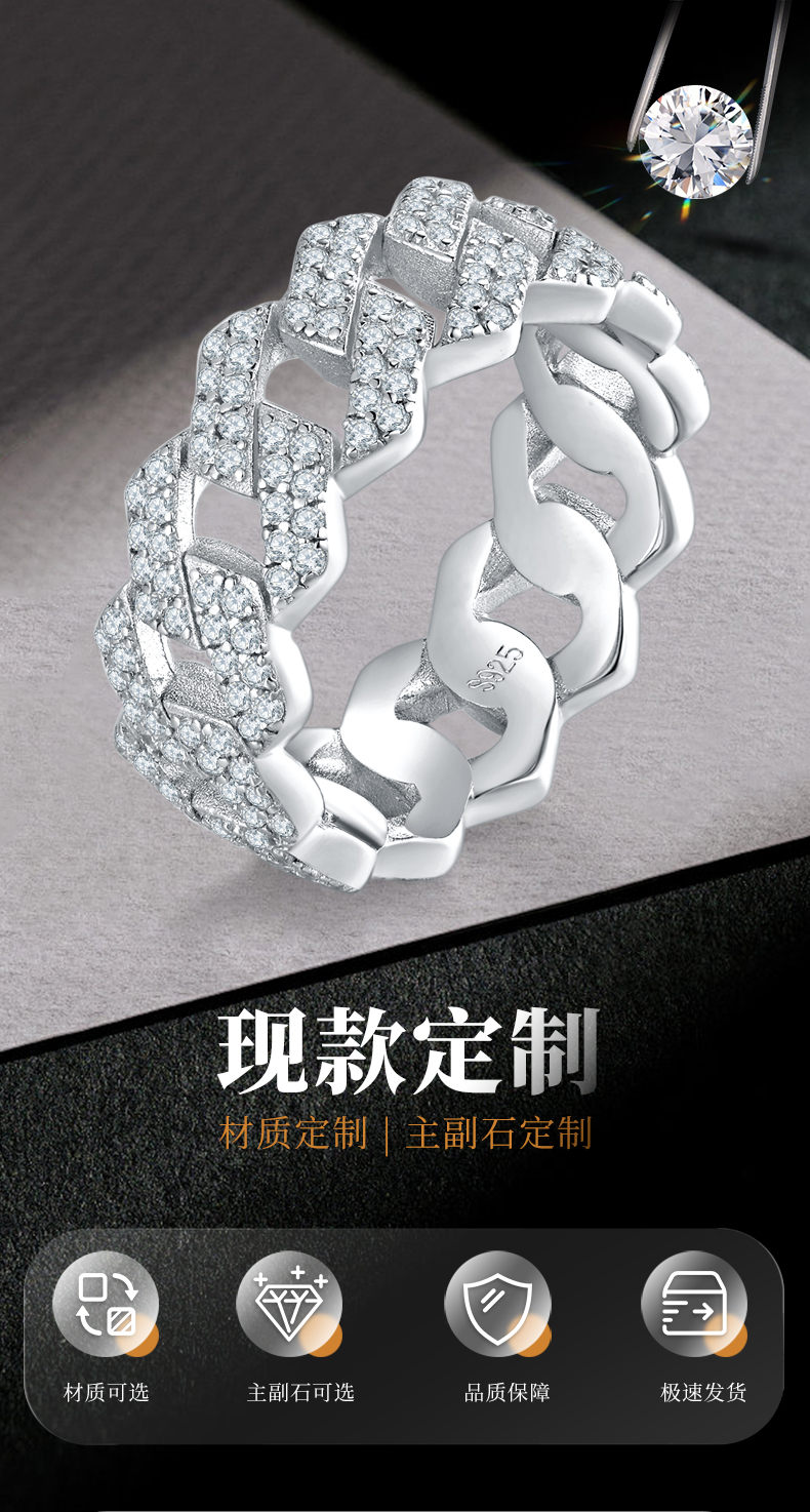 排戒S925银镀白金女戒定制选款副石莫桑钻0.95ct - 1