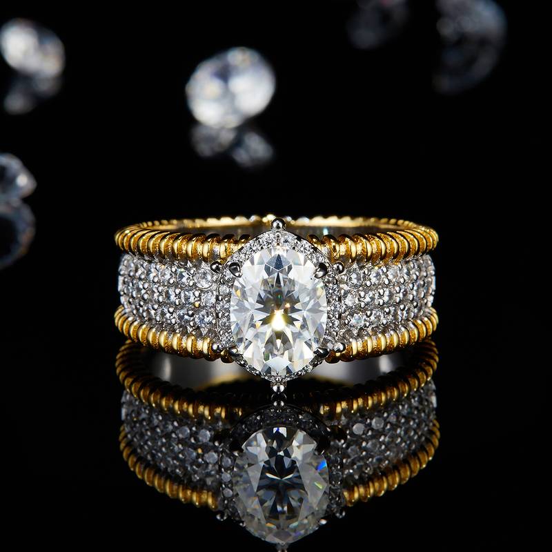 蛋形Women's RingS925银镀白金+K黄定制选款主石Moissanite1.5ct/副石高碳钻