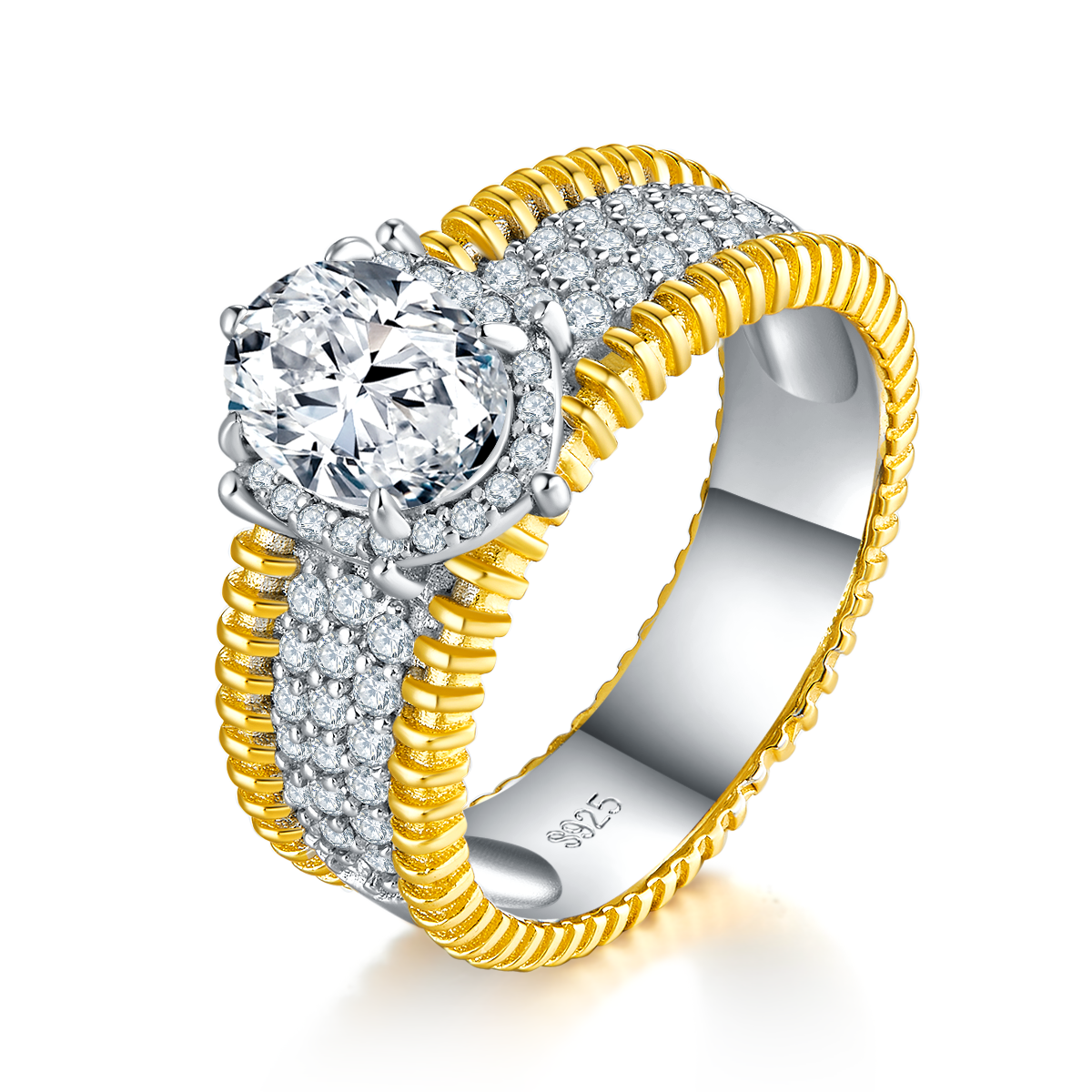 蛋形女戒S925银镀白金+K黄定制选款主石莫桑钻1.5ct/副石高碳钻