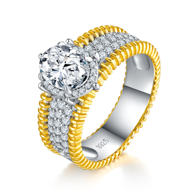 蛋形Women's RingS925银镀白金+K黄定制选款主石Moissanite1.5ct/副石高碳钻