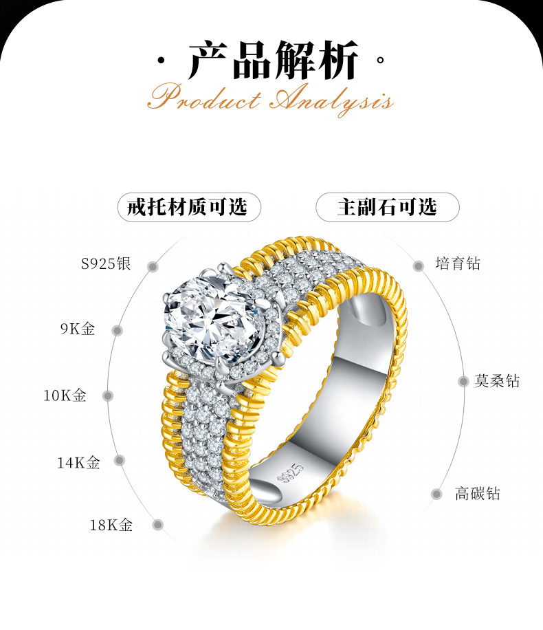 蛋形女戒S925银镀白金+K黄定制选款主石莫桑钻1.5ct/副石高碳钻 - 2